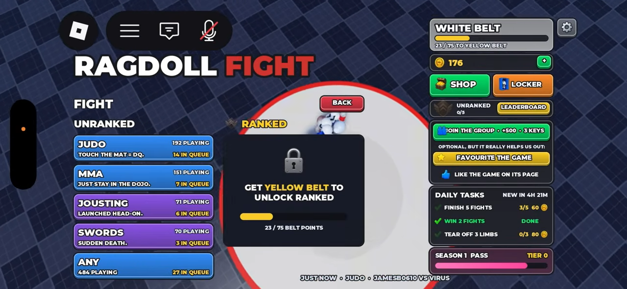 Ragdoll Fight selection menu with Judo, MMA, Jousting and Swords cards and the Yellow Belt Ranked lock
