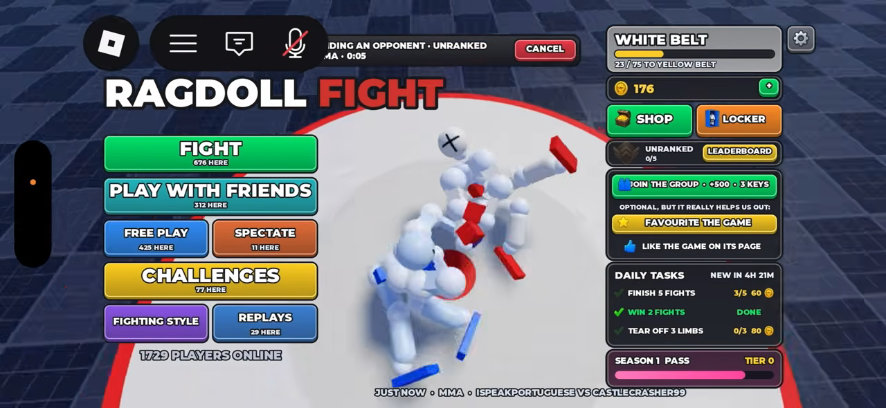 Ragdoll Fight main menu showing White Belt progress of 23 out of 75 toward Yellow Belt