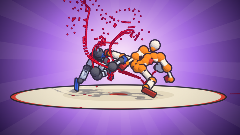 An orange ragdoll fighter leaps through the air over a defeated opponent while physics sends limbs and debris flying across the arena